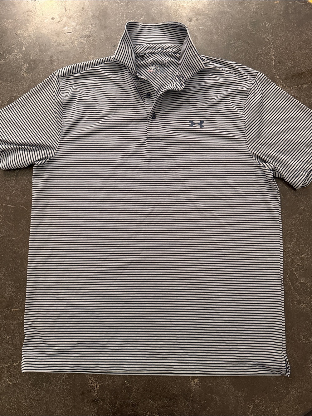 Under Armour White and Navy Striped Performance Polo